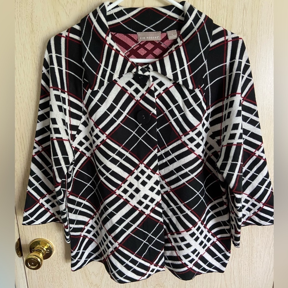 🖤 Kim Rogers Plaid Black White Ted PLAID Swing Knit Jacket Sz Large